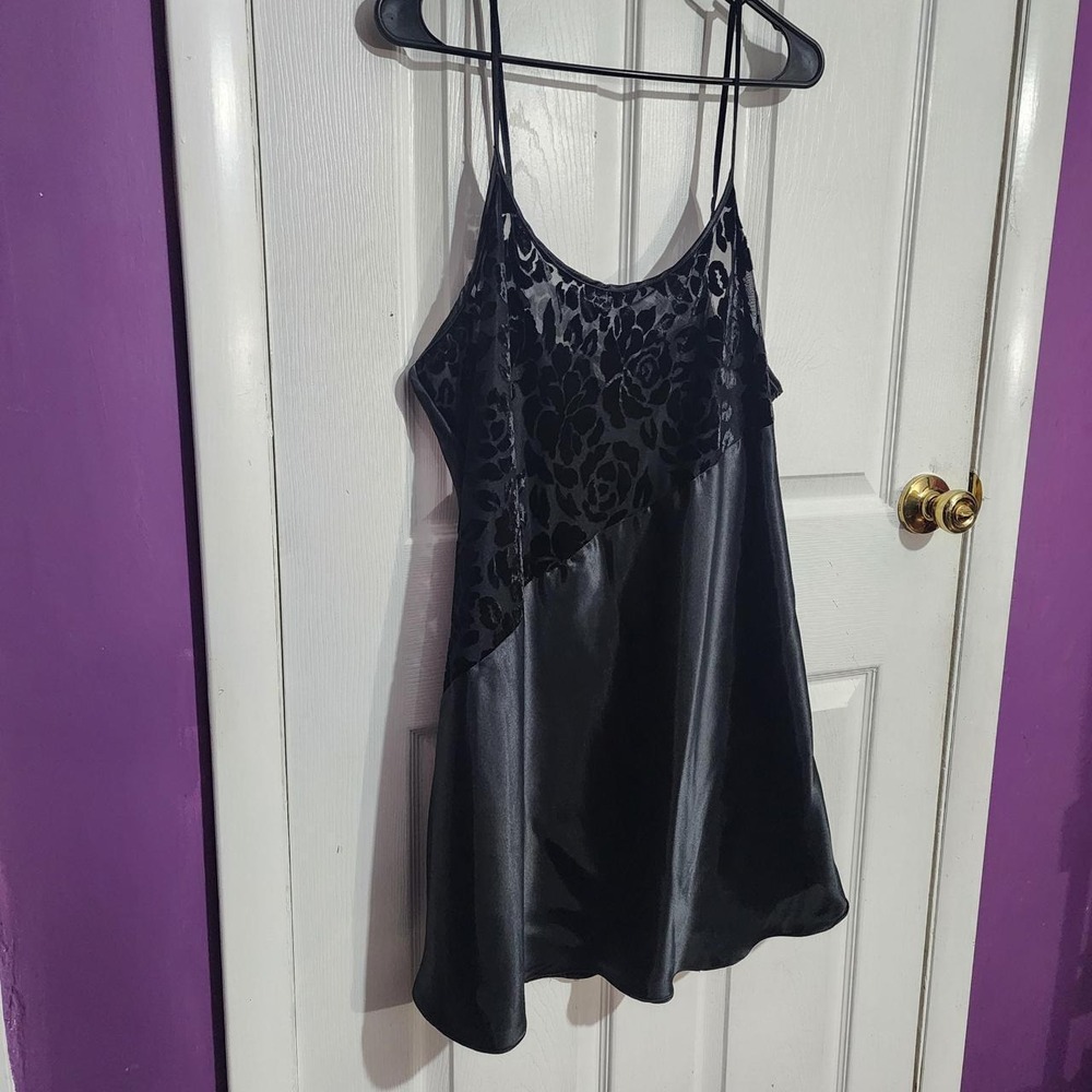 Vintage 90s Black Satin Floral Burnout Whimsigoth Slip Dress - Picture 3 of 5